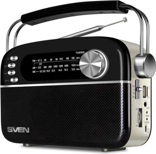 Радиоприёмник SVEN SRP-505 чёрный(3 Вт,Bluetooth, FM/AM/SW, USB, microSD, AUX, встроенный аккумулятор)